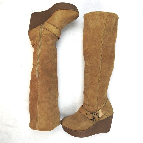 Aldo Shoes - Aldo Womens Brown Suede Knee High Wedge Heel Boots